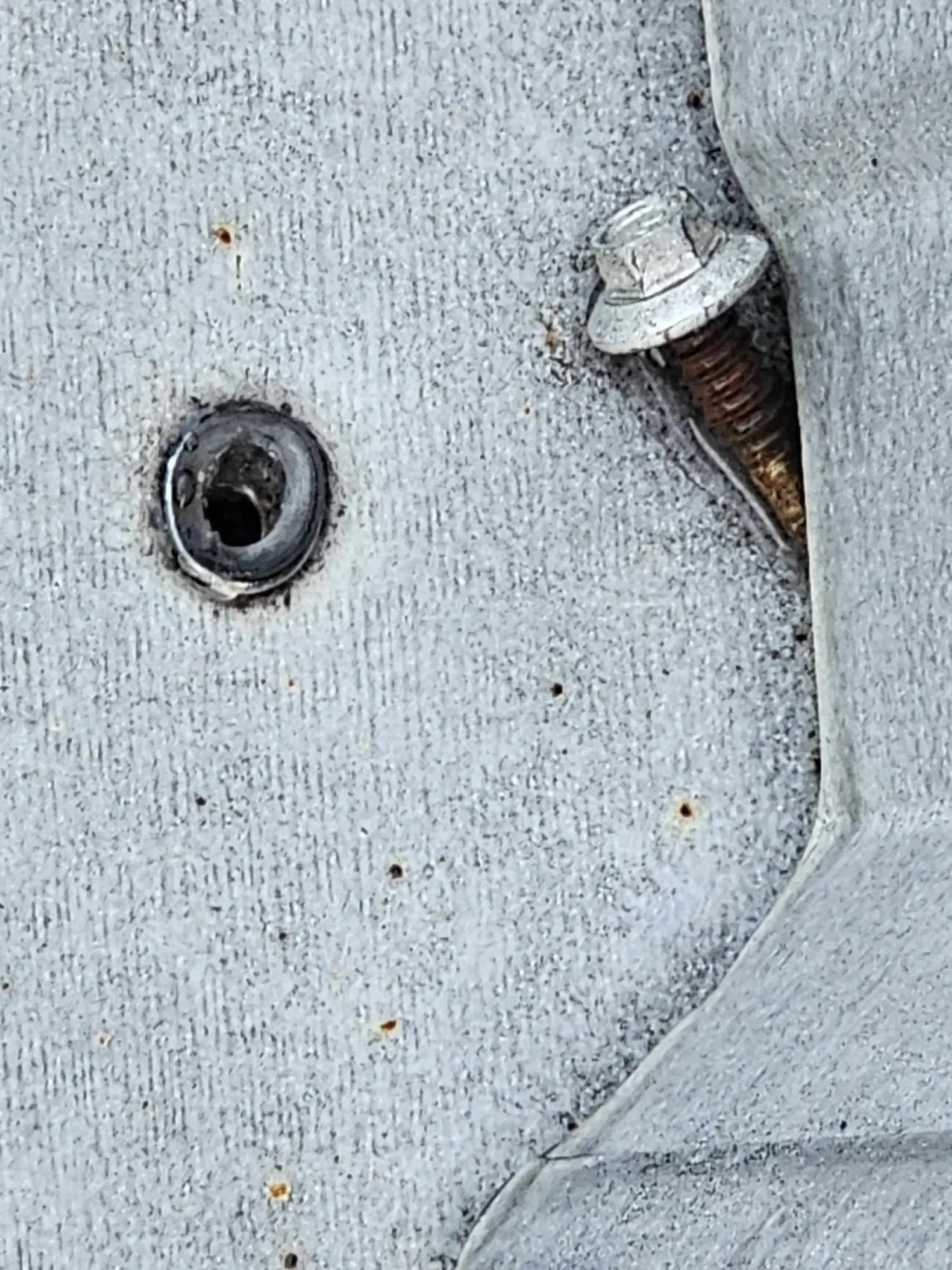Close-up of a backed-out screw and open fastener hole in a metal roof panel