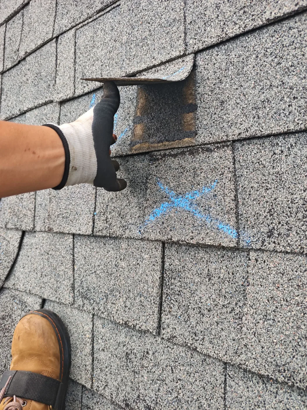 Gloved hand lifting a fractured shingle tab away from the roof to reveal the exposed decking and nail heads beneath, with a blue chalk X on the course below and a work boot in the lower corner of the frame.
