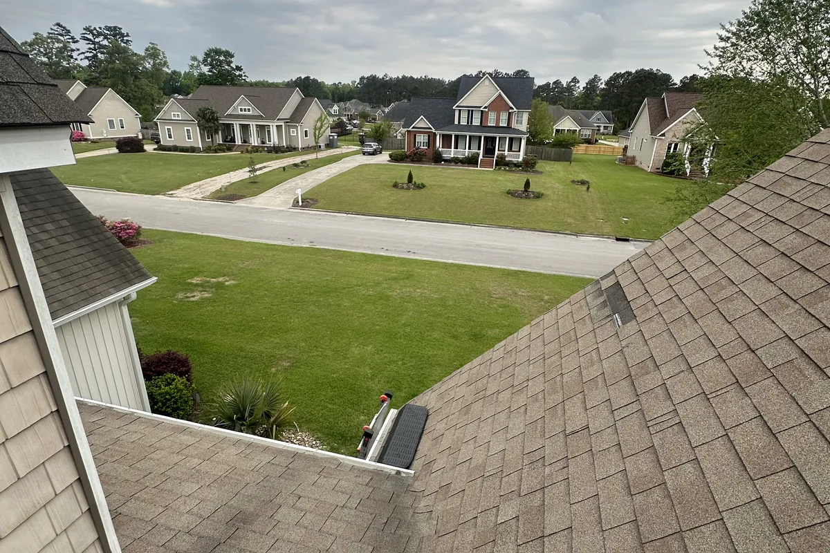 View along a finished roofline over an Eastern North Carolina neighbourhood