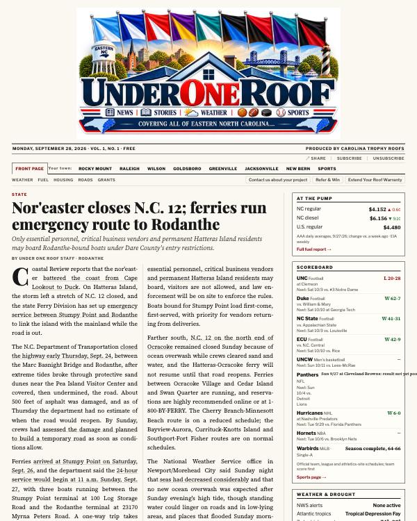 Front page of Under One Roof — September 28, 2026